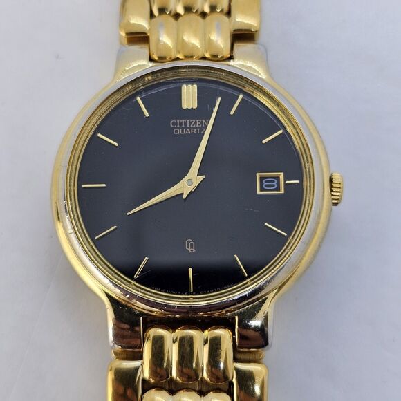 VTG Citizen CQ Women\'s Watch 32MM Black Dial Date Gold Bracelet 7.5\